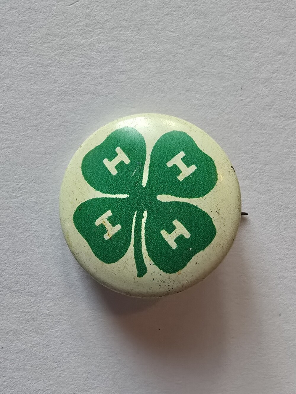 Vintage 4H button pin white green four leaf clover farm